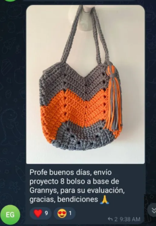 Captura de testimonio de una alumna mostrando un bolso de crochet gris y naranja elaborado con técnica Granny